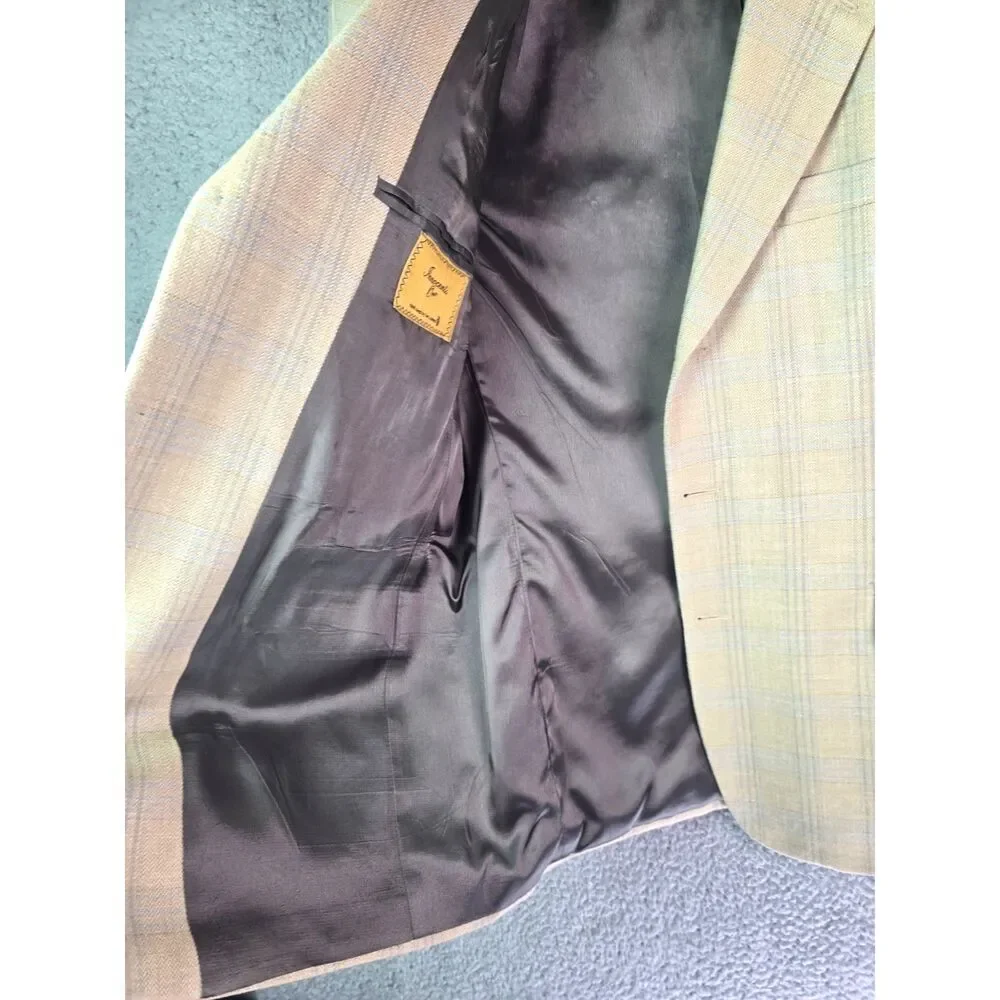 Tom James Innocenti Oro Mens Sport Coat 40R Pale Yellow Blue Plaid Tailored